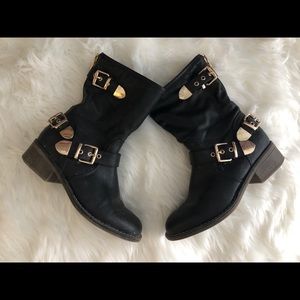 Black Ankle Boots with Gold Hardware